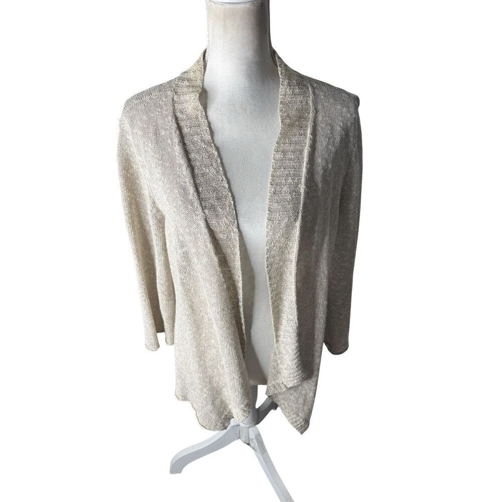 Eileen Fisher beige linen blend 3/4 sleeve open front cardigan Large